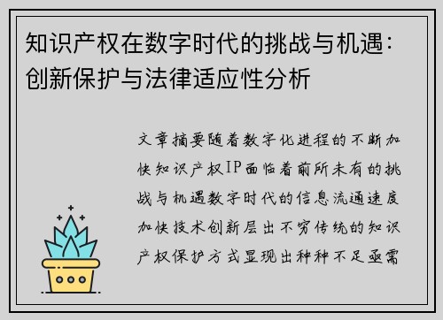 知识产权在数字时代的挑战与机遇：创新保护与法律适应性分析
